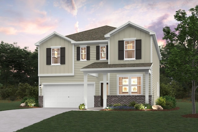 view of front of property with brick siding, board and batten siding, driveway, and a lawn