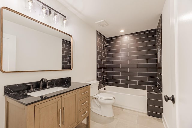 bathroom featuring tile patterned flooring, visible vents, toilet, vanity, and  shower combination