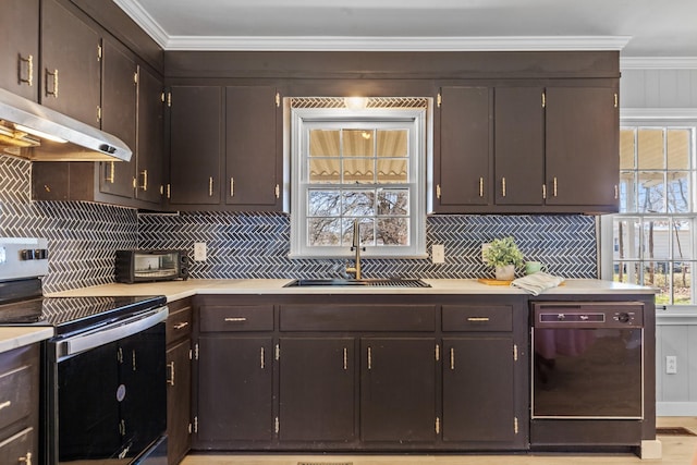 kitchen featuring ornamental molding, electric stove, a sink, under cabinet range hood, and black dishwasher