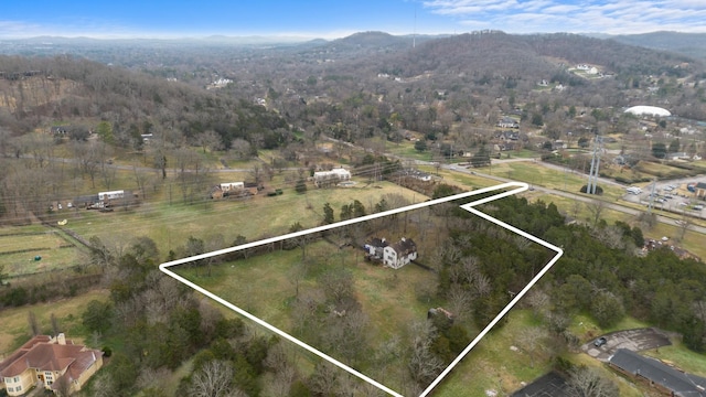 bird's eye view featuring a rural view and a mountain view