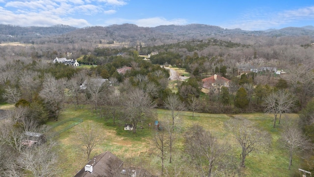 birds eye view of property with a mountain view and a view of trees