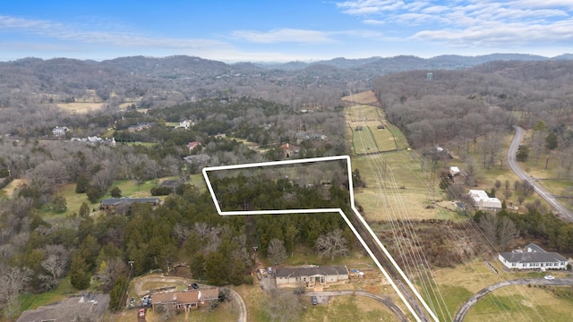 bird's eye view featuring a forest view and a mountain view