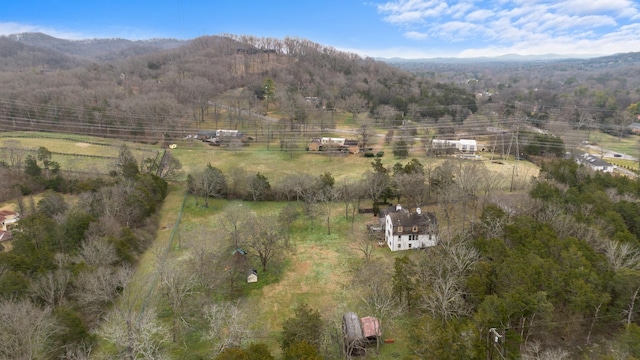 birds eye view of property featuring a mountain view and a rural view