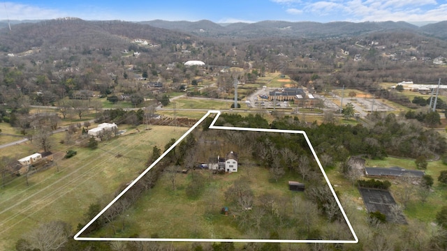 birds eye view of property featuring a rural view and a mountain view