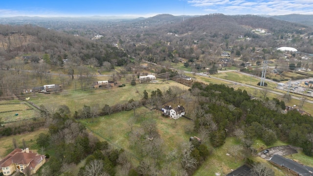 bird's eye view featuring a wooded view, a rural view, and a mountain view