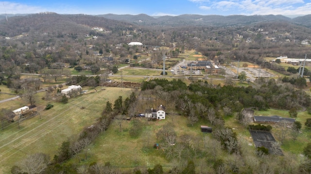 drone / aerial view featuring a mountain view and a rural view