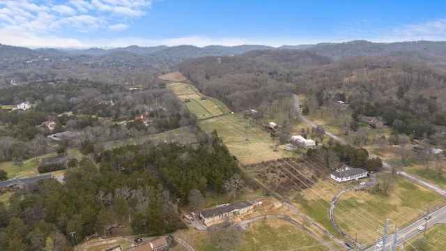 bird's eye view featuring a mountain view and a wooded view