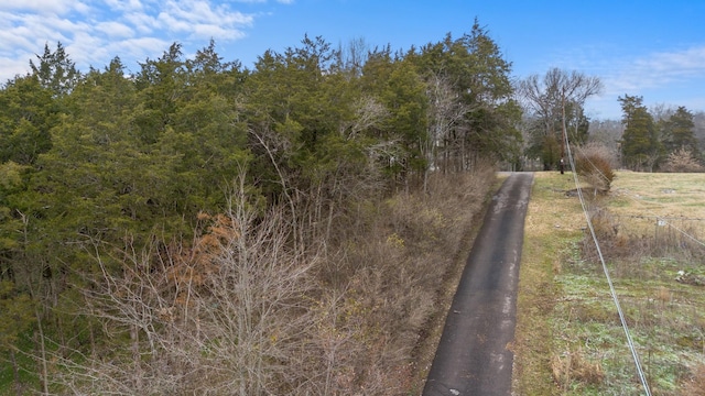 view of road with a wooded view