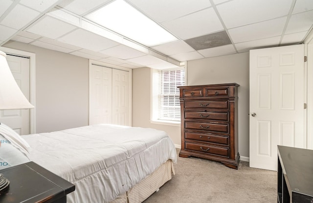 bedroom with light carpet, a paneled ceiling, and baseboards