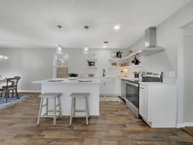 kitchen with a center island, appliances with stainless steel finishes, exhaust hood, dark wood-style floors, and open shelves