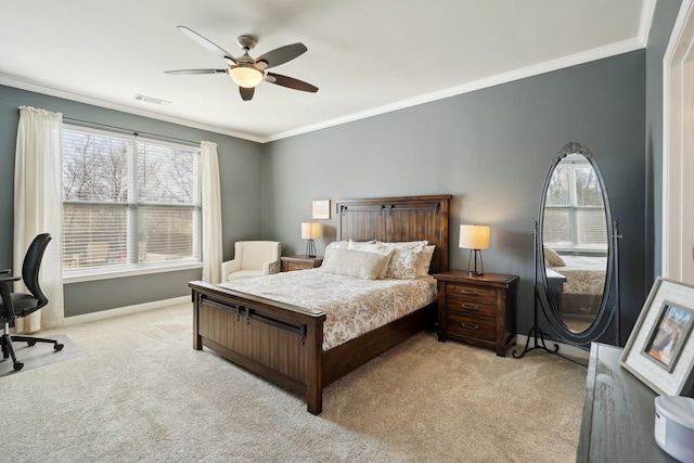 bedroom with visible vents, baseboards, ornamental molding, light carpet, and a ceiling fan