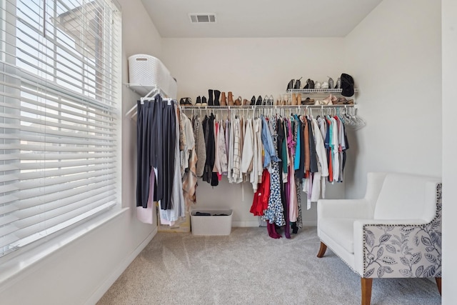 spacious closet with visible vents and carpet