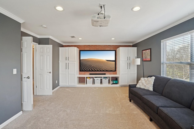 home theater with recessed lighting, light colored carpet, crown molding, and baseboards