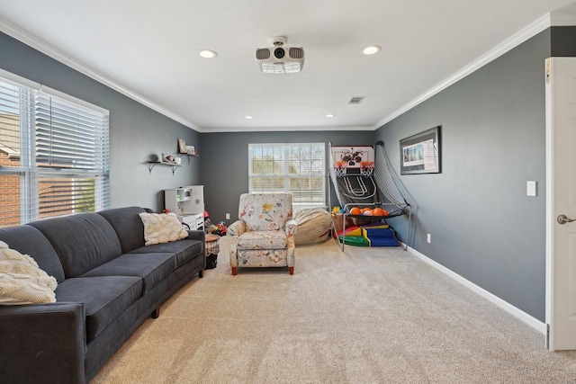 living room featuring recessed lighting, baseboards, carpet, and ornamental molding