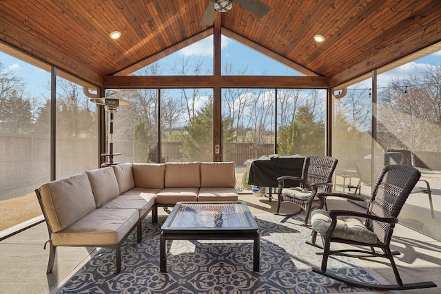 sunroom with wooden ceiling, lofted ceiling, and ceiling fan