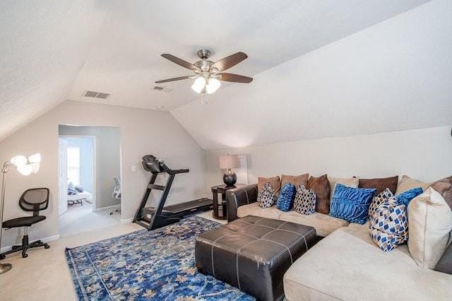 carpeted living room featuring vaulted ceiling, a ceiling fan, visible vents, and baseboards