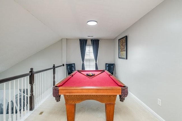 rec room featuring baseboards, pool table, and vaulted ceiling