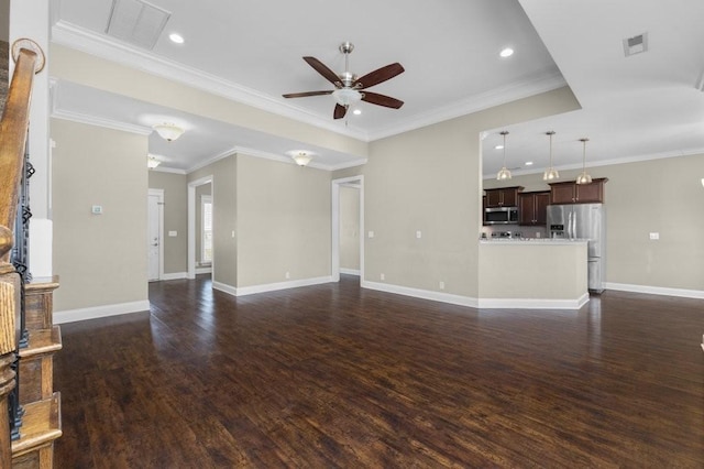 unfurnished living room with visible vents, crown molding, and dark wood-style flooring