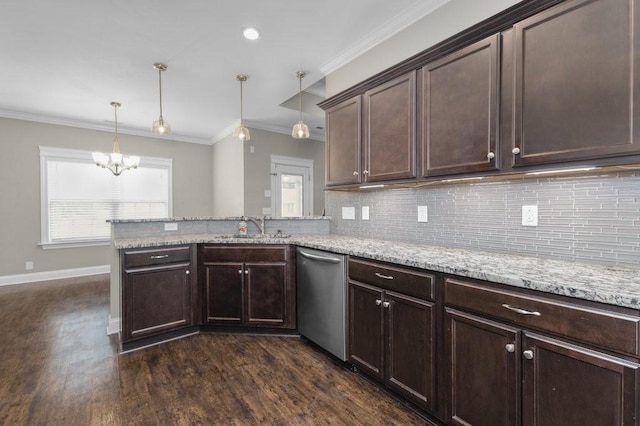 kitchen featuring crown molding, dark brown cabinetry, a peninsula, stainless steel dishwasher, and a sink