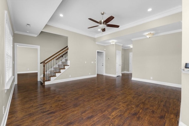 unfurnished living room featuring visible vents, baseboards, dark wood finished floors, and stairs