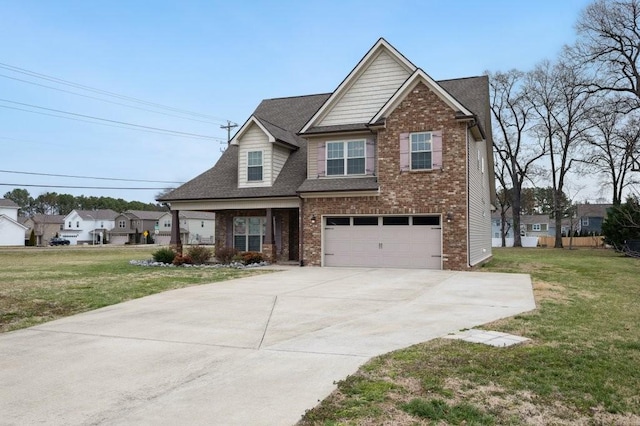 craftsman-style house with a front yard, an attached garage, brick siding, and concrete driveway