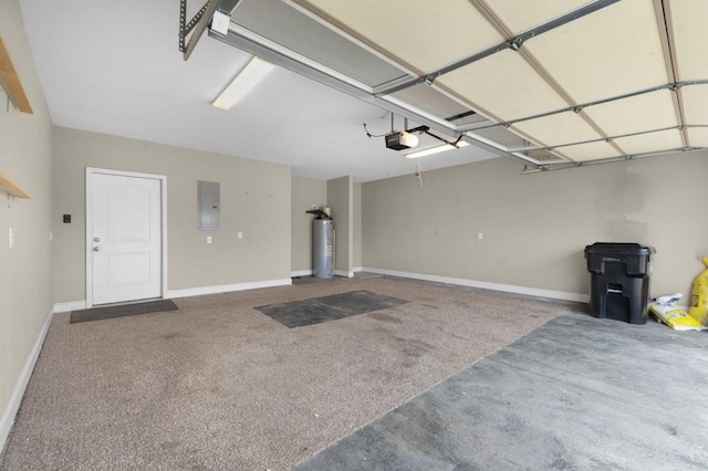 garage with electric panel, water heater, a garage door opener, and baseboards