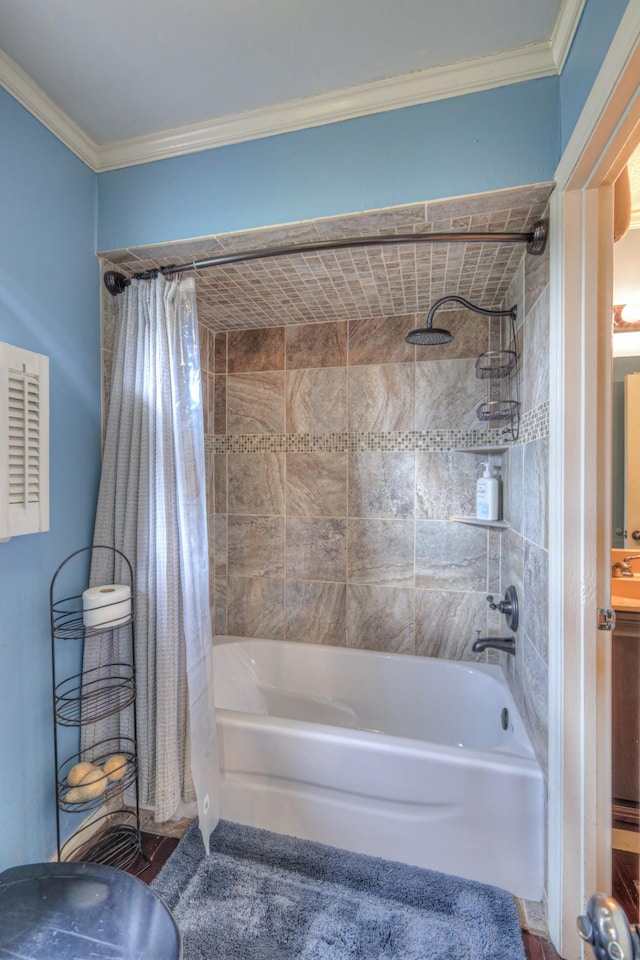 full bathroom with ornamental molding and shower / bath combination with curtain