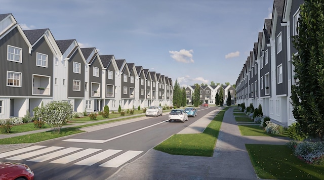 view of street featuring sidewalks, a residential view, and curbs