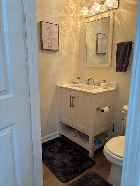 bathroom featuring vanity, toilet, and wood finished floors