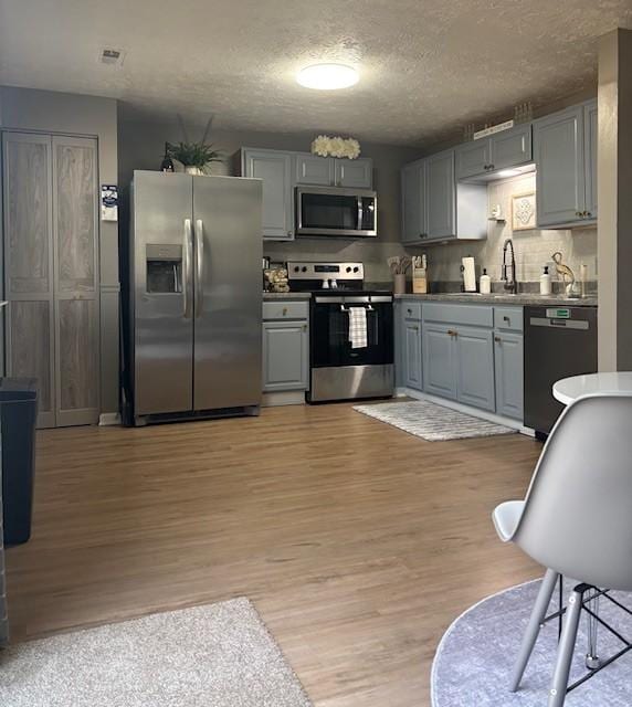 kitchen with a sink, appliances with stainless steel finishes, gray cabinetry, and light wood finished floors