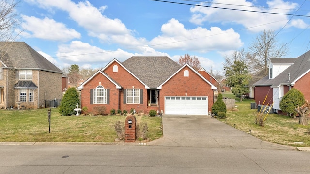 view of front of house with a front lawn, cooling unit, concrete driveway, a garage, and brick siding