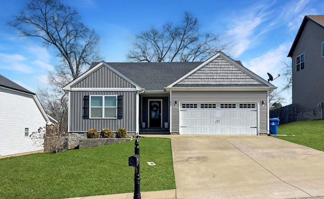 view of front of home with driveway, a shingled roof, a front lawn, a garage, and board and batten siding