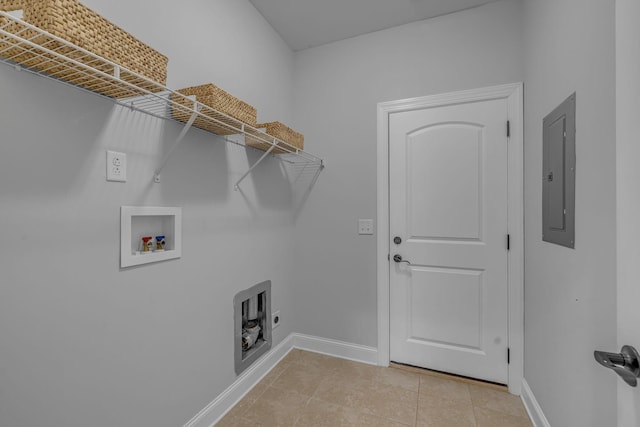 washroom with electric panel, baseboards, hookup for an electric dryer, hookup for a washing machine, and laundry area