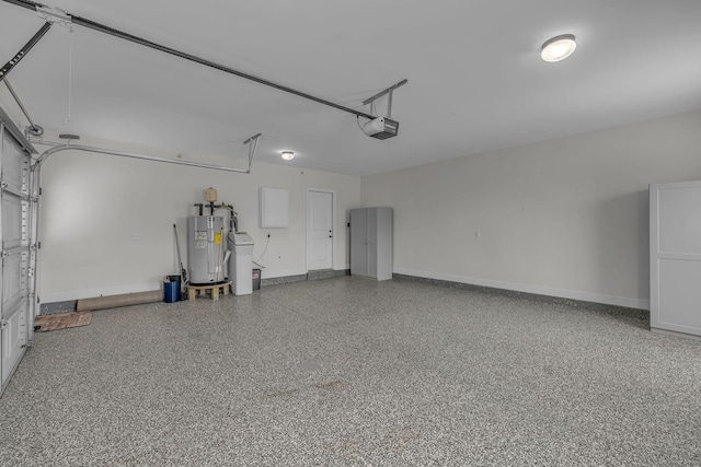 garage featuring a garage door opener, water heater, and baseboards