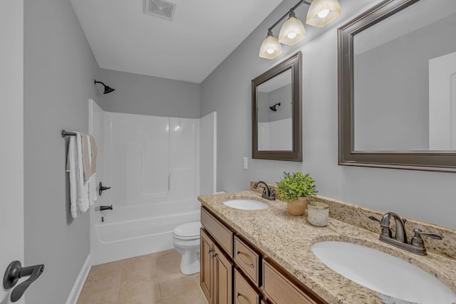 bathroom featuring tile patterned flooring, toilet, visible vents, and a sink