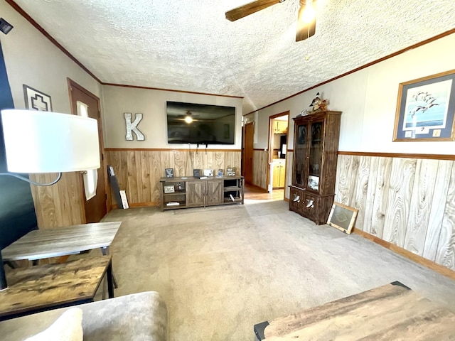 living area featuring light carpet, a wainscoted wall, a textured ceiling, and crown molding