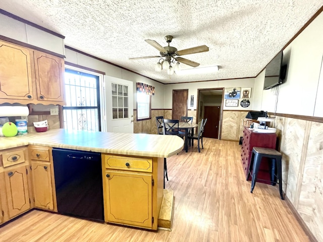 kitchen with a peninsula, wainscoting, light wood finished floors, dishwasher, and light countertops