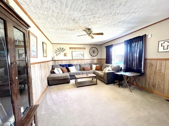 living room featuring a wainscoted wall, carpet floors, and wood walls