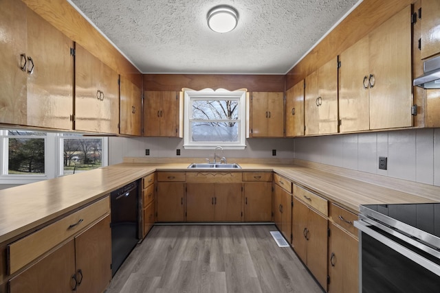 kitchen featuring light wood finished floors, dishwasher, light countertops, a textured ceiling, and a sink