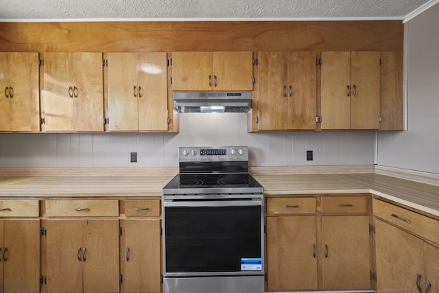 kitchen featuring stainless steel electric range oven, brown cabinetry, light countertops, and under cabinet range hood