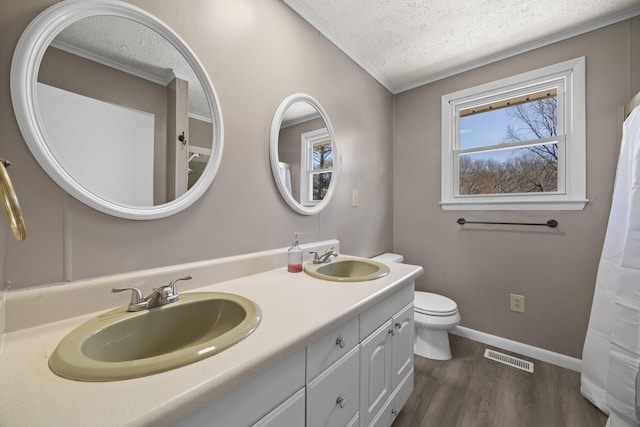 bathroom with visible vents, a textured ceiling, wood finished floors, and a sink