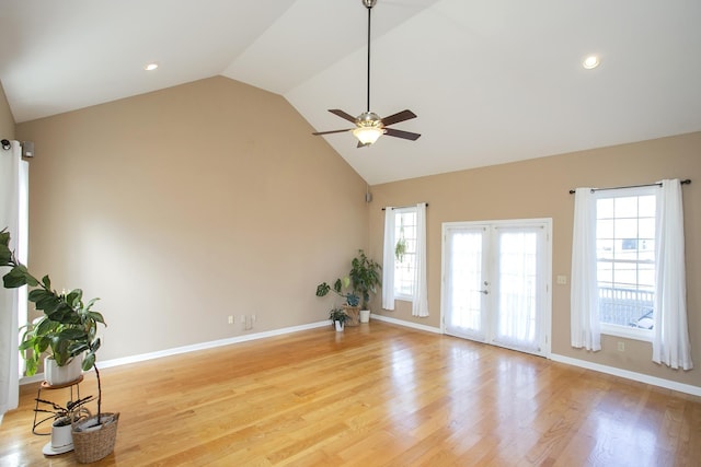 unfurnished living room featuring light wood-style flooring, recessed lighting, french doors, baseboards, and ceiling fan