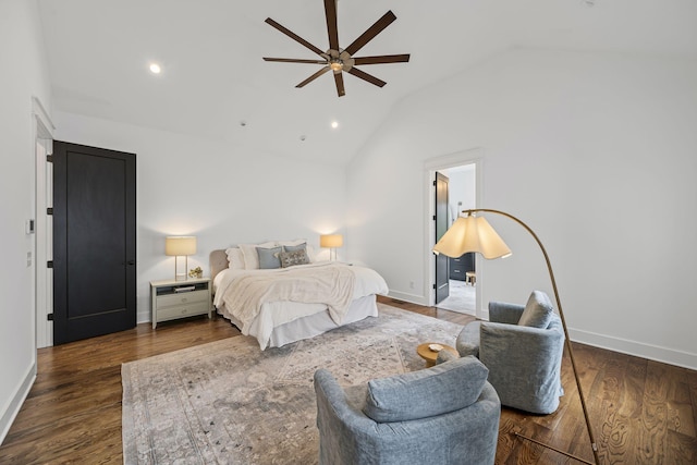 bedroom featuring vaulted ceiling, recessed lighting, wood finished floors, and baseboards