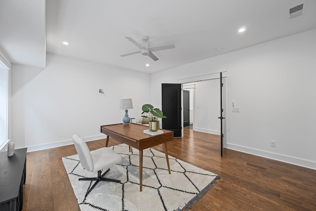 home office with dark wood-style floors, visible vents, recessed lighting, and baseboards