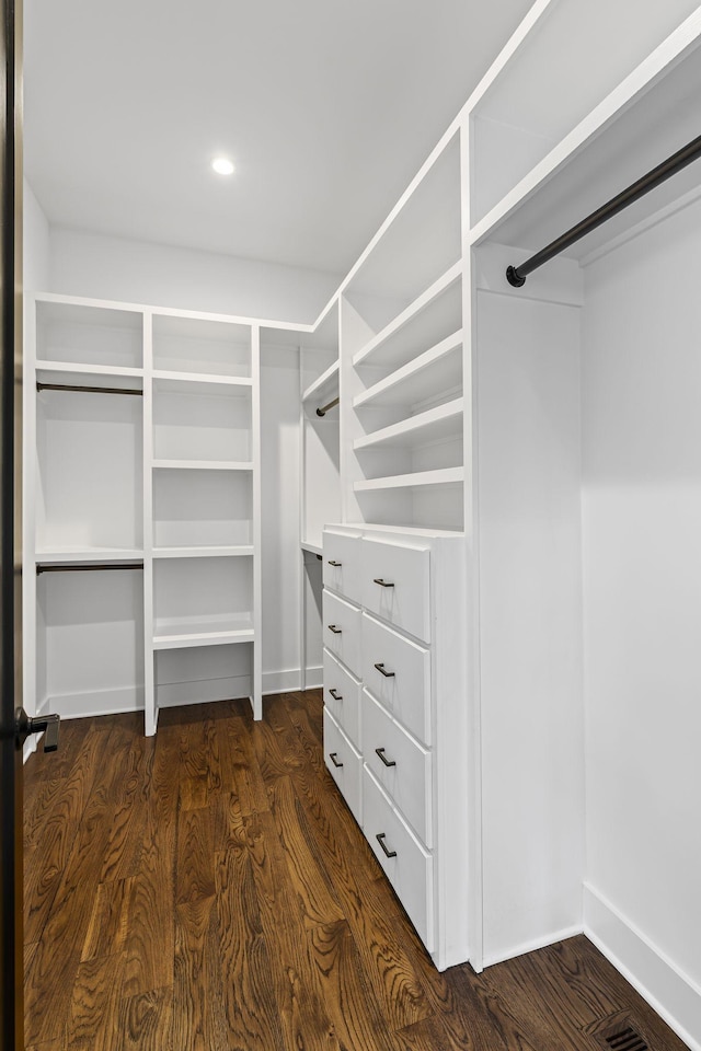 walk in closet with dark wood-style floors