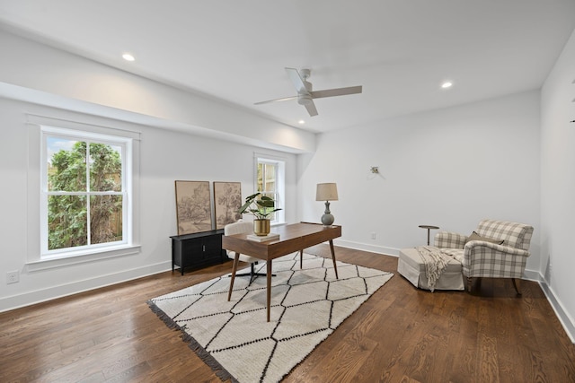 office area with recessed lighting, baseboards, and wood finished floors