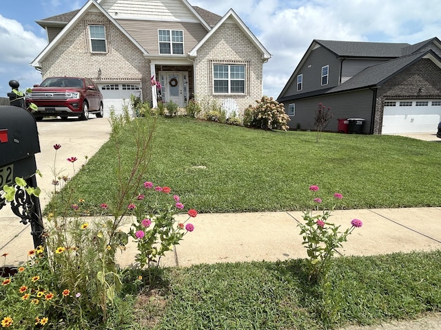 craftsman inspired home featuring brick siding, an attached garage, concrete driveway, and a front lawn