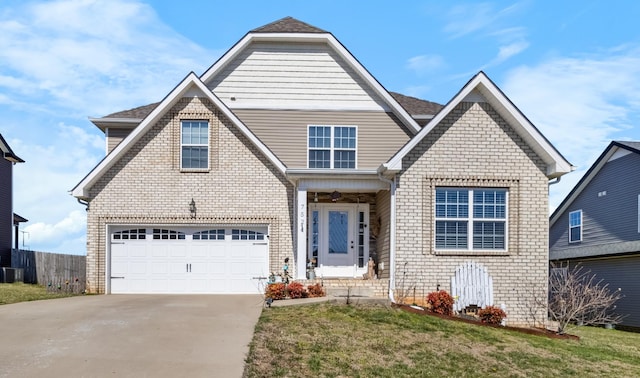 view of front of property featuring driveway, fence, cooling unit, a garage, and brick siding