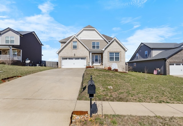 view of front of property featuring a garage, a front lawn, concrete driveway, and brick siding