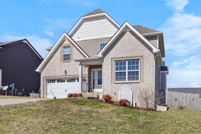 view of front of home featuring brick siding, concrete driveway, a front yard, roof with shingles, and an attached garage